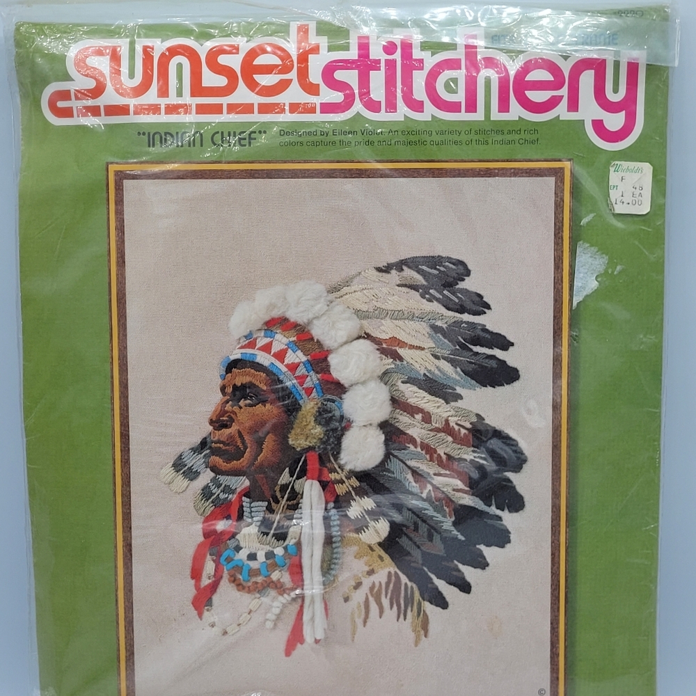 New Hard To Find 1977 Sunset Stitchery Indian Chief # 2220 Embroidery Set